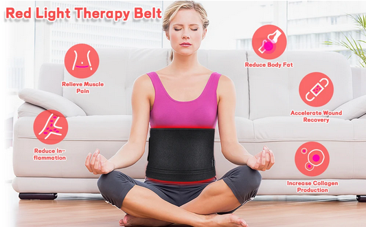 Woman sitting with the infrared therapy belt on demonstrating it's powerful healing effects