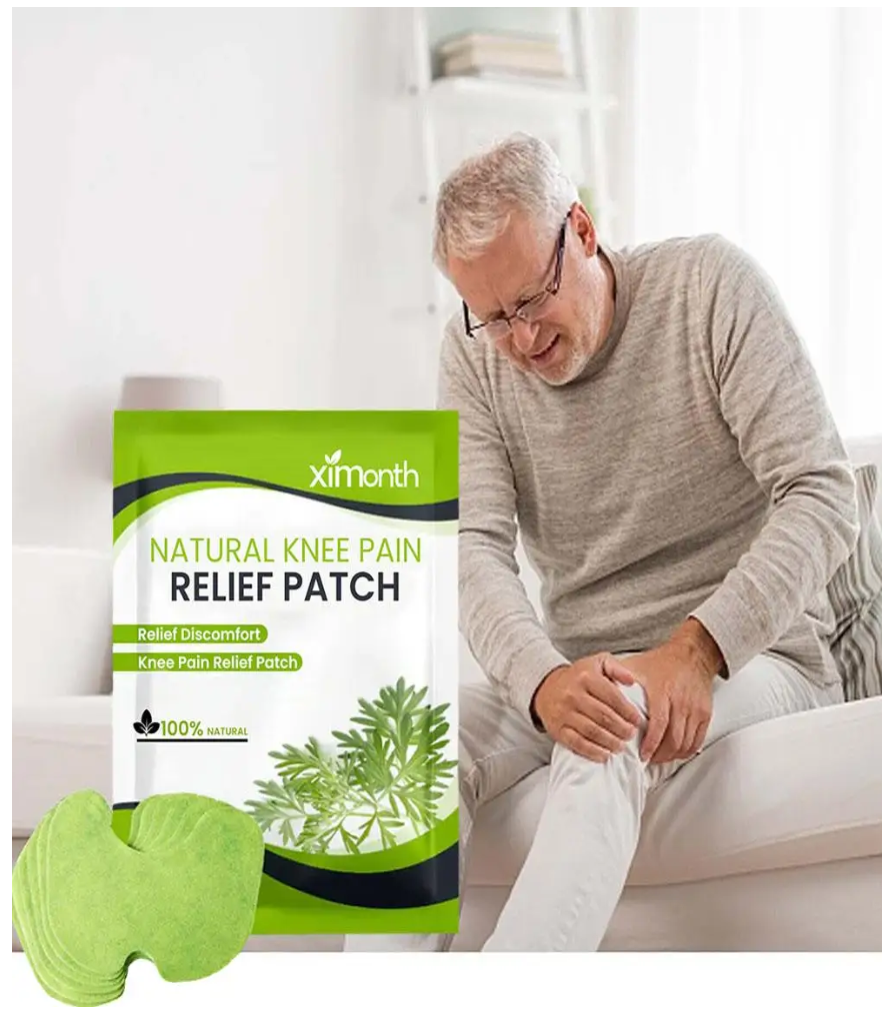 Old man sitting grabbing knee because it is in pain and an image of the knee pain relief patch showing it can help